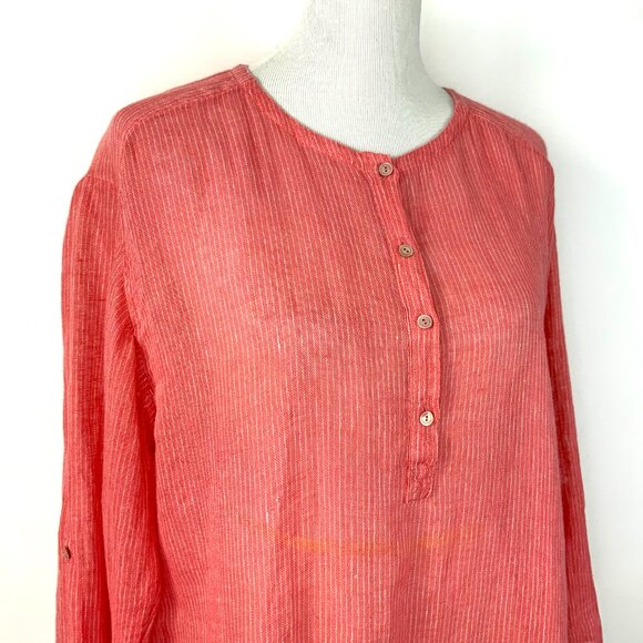 Eileen Fisher Linen 3/4 Sleeve Tunic Henley Shirt Striped Sz L - Picture 9 of 16